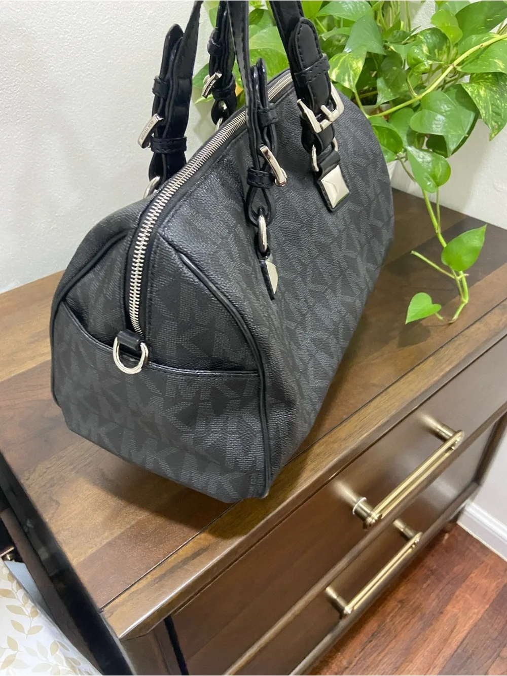 Michael Kors Black/Gray Logo Duffle Satchel w/Silver Hardware (possibly Grayson)